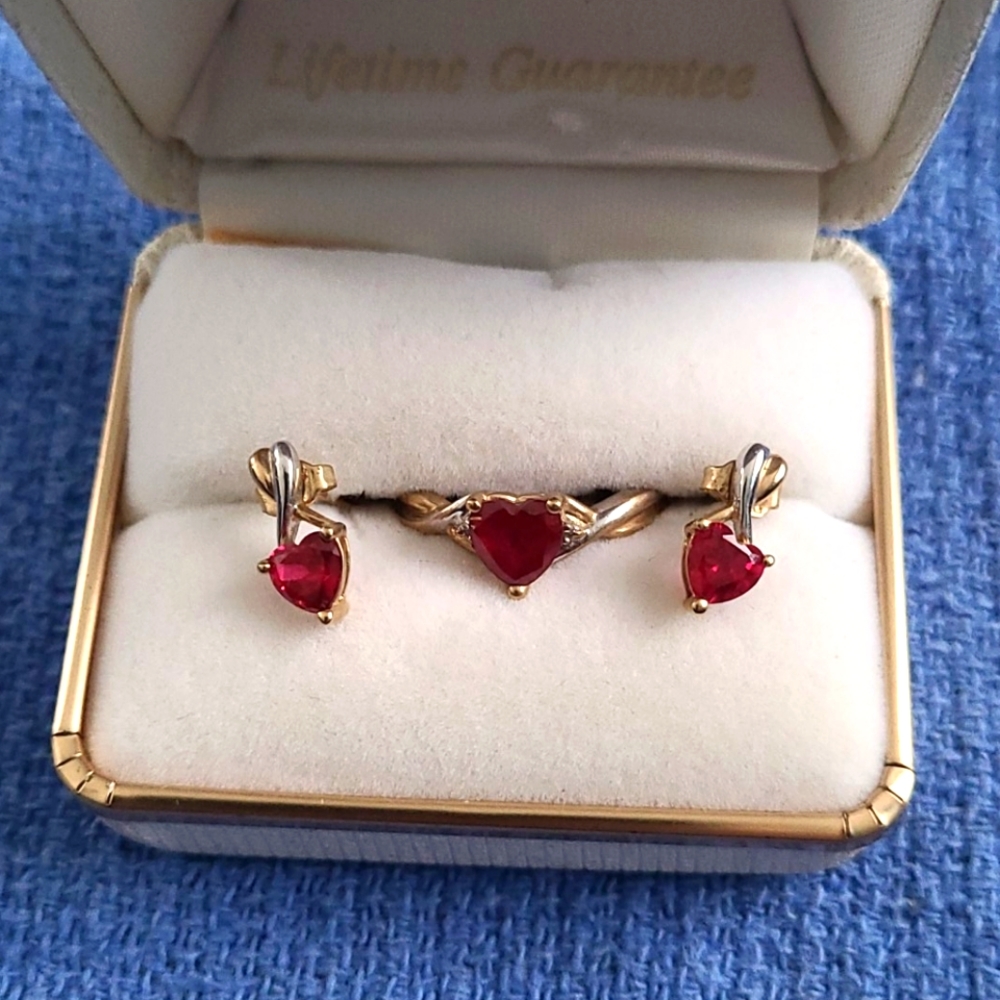 10k gold and silver ruby earrings and ring